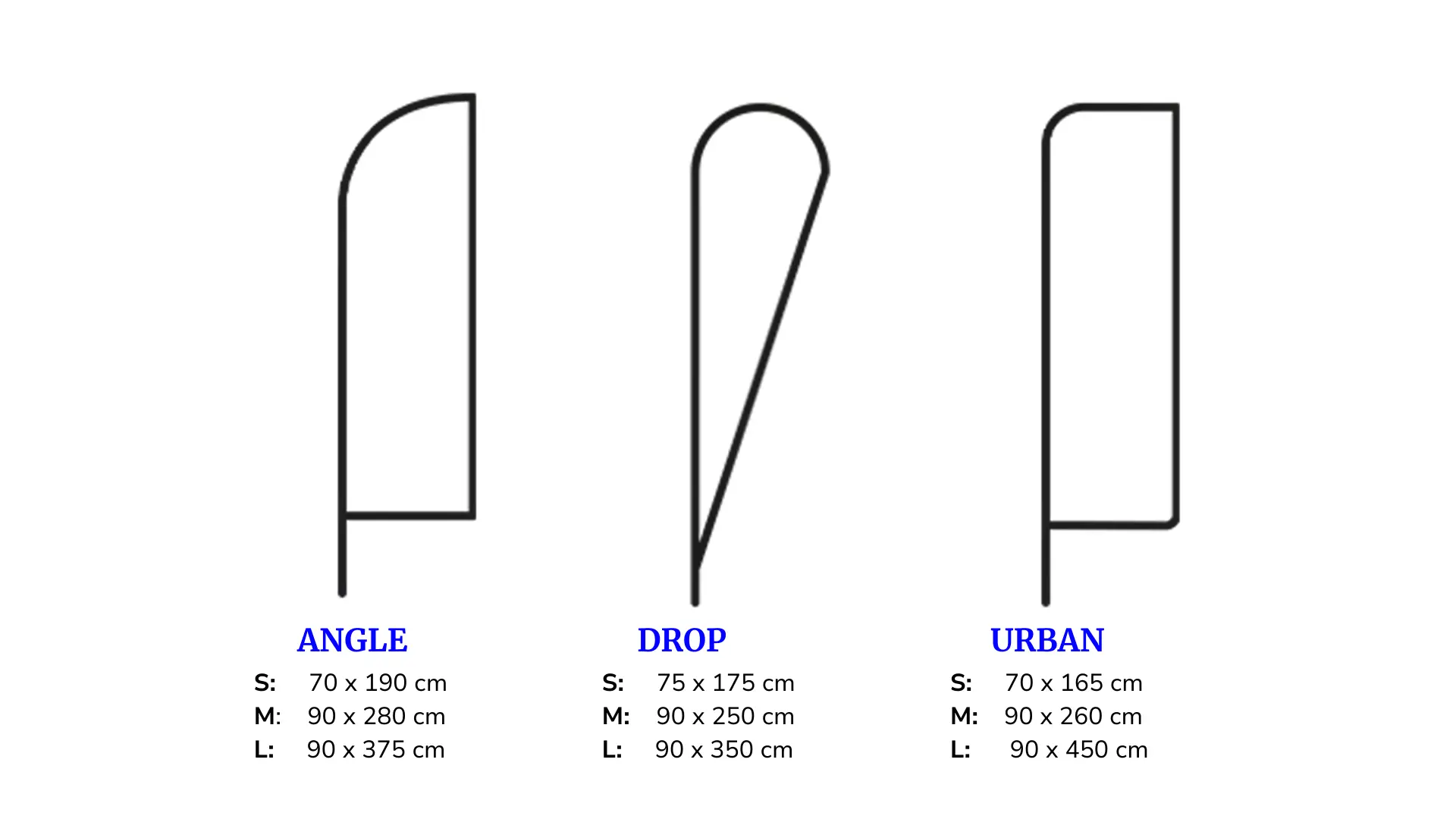 Beach flag mallit Angle, Drop ja Urban eri kokovaihtoehdoilla
